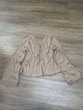 Timing Taupe Crochet-Trim Peasant Blouse